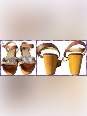 Guess Women's Brown Leather and Canvas Platform Sandals